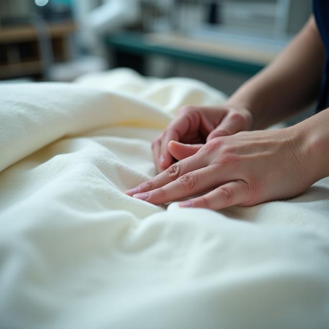 寝具の生地を丁寧に検品する職人の手元