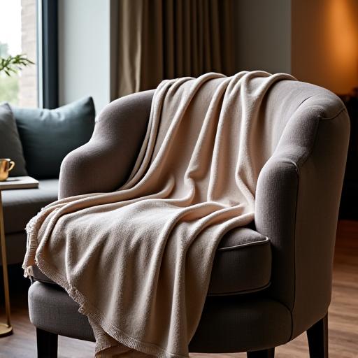 ソファに掛けられたラグジュアリーブランケットの質感